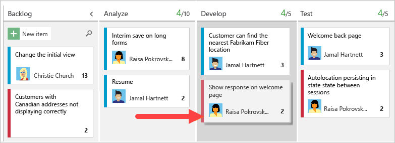 Screenshot that shows a board that uses an Agile template to update the status of a work item.